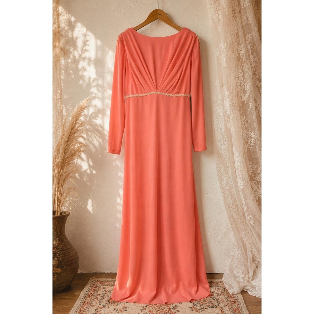 70s Vintage Coral Cape Back Maxi Dress Retro Wedding Formal Made in Canada M